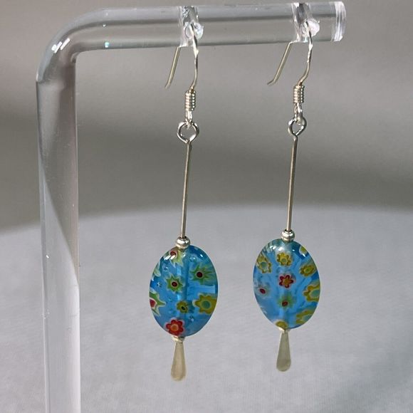 Millefiori Beaded Handcrafted Dangle Earrings Sterling Silver Blue 2” Drop - Picture 2 of 4